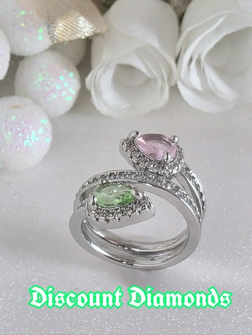 Pink & Green Pear Cut Diamonds & Baguette Diamond Cocktail Ring on 925 Silver